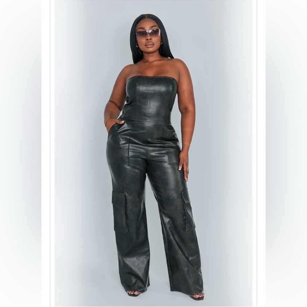 PLUS WASHED BLACK FAUX LEATHER CARGO JUMPSUIT